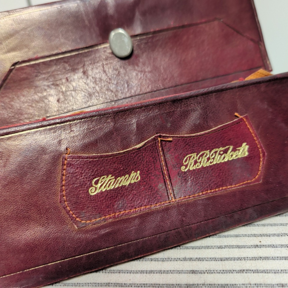 Antique Victorian 1800s Leather Railroad Ticket Stamp Bifold Wallet Burgundy‎